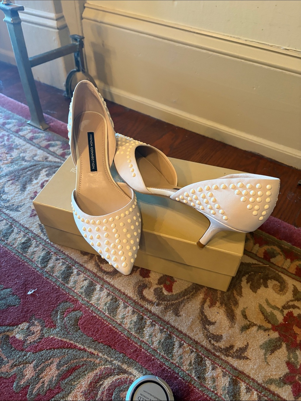 French Connection White Studded Pointed-Toe Kitten Heels